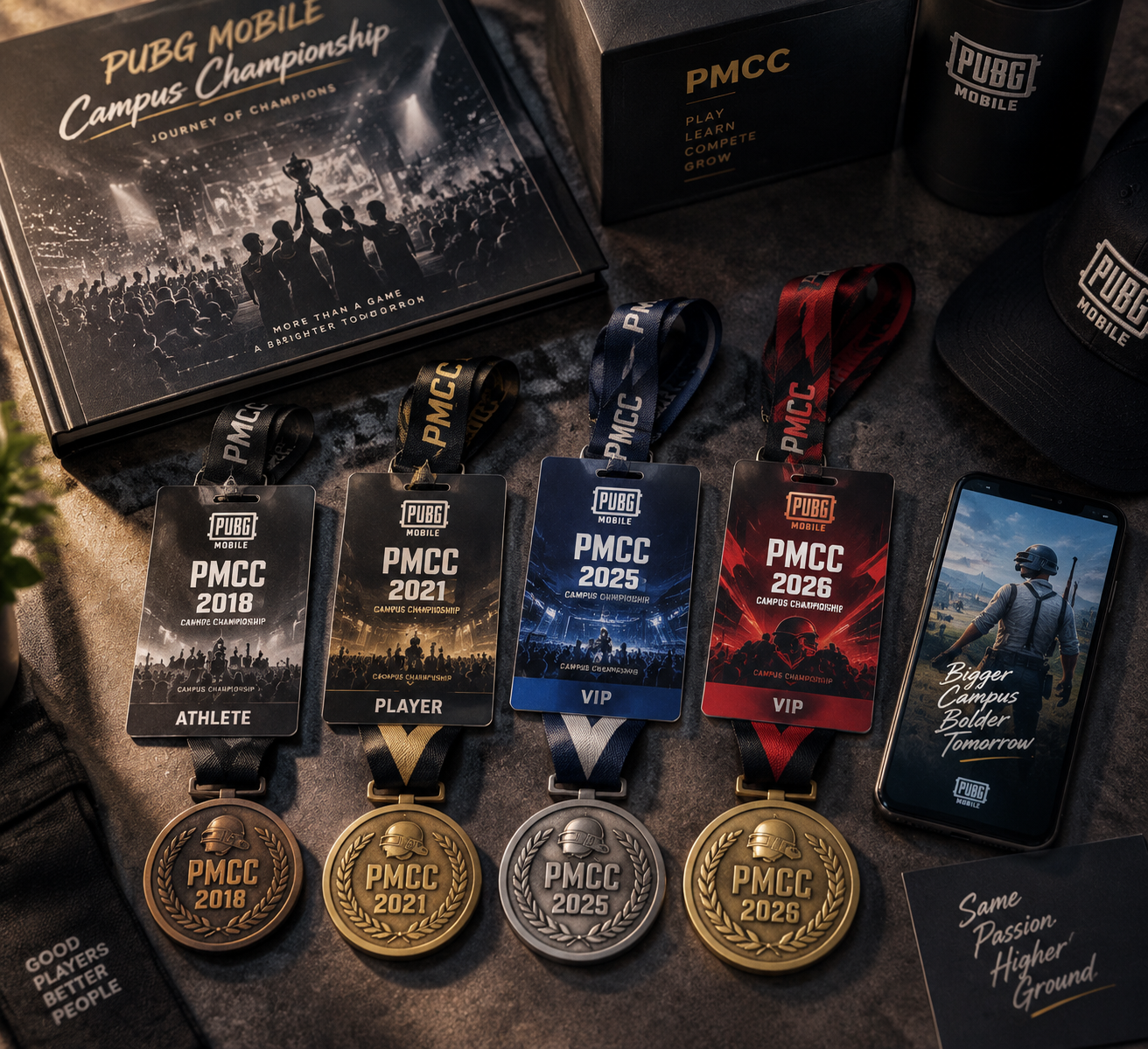 Memorabilia medali dan tanda pengenal turnamen PMCC dari tahun 2018 hingga 2026 tersusun rapi.