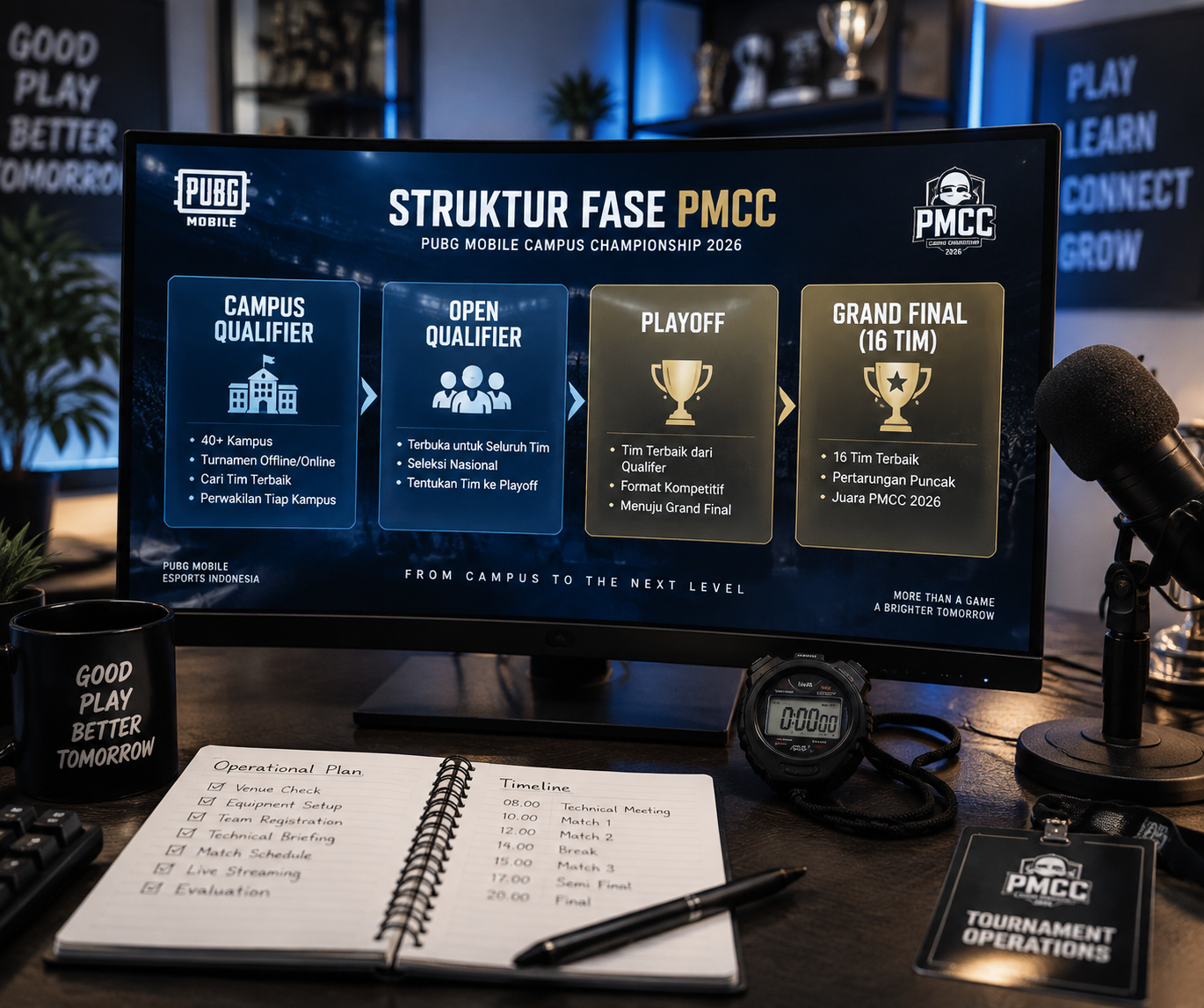 Diagram alur empat fase kualifikasi turnamen PMCC dari babak kampus hingga Grand Final di layar monitor.