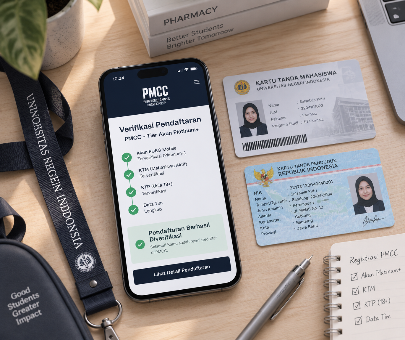 Ponsel pintar menampilkan formulir verifikasi tier akun dan Kartu Tanda Mahasiswa sebagai syarat pendaftaran PMCC.