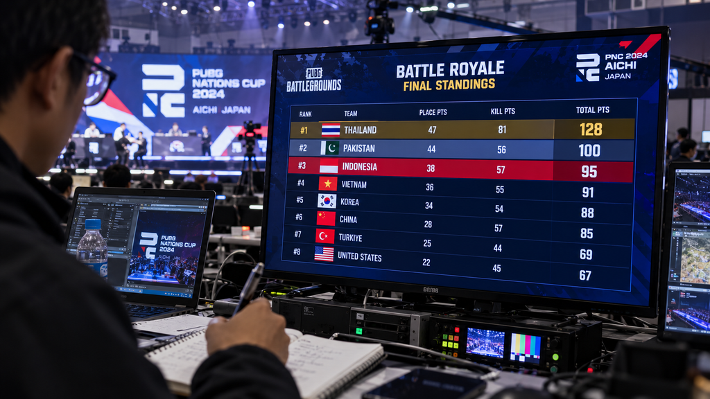 Layar monitor klasemen akhir turnamen PUBG Mobile Asian Games 2026 di Aichi Sky Expo menampilkan perolehan 95 poin Indonesia.