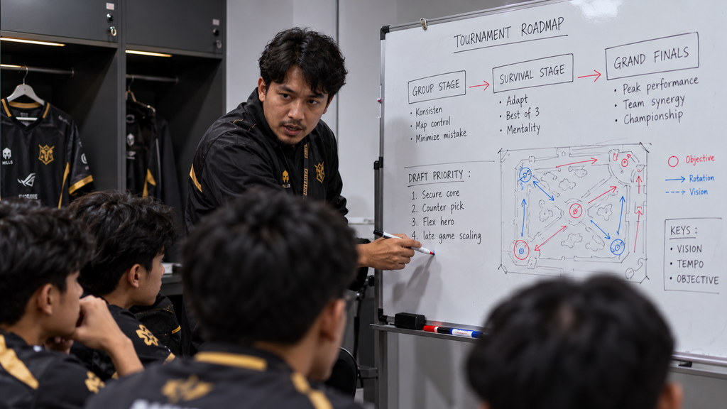 Mulai Besok, Bigetron dan Alter Ego Berebut Tiket Grand Final PMGO S2: Jadwal, Format, dan Peluang 2026 5 Seorang pelatih tim esports menjelaskan format kelolosan Group Stage dan Survival Stage menggunakan papan tulis taktik di ruang ganti.